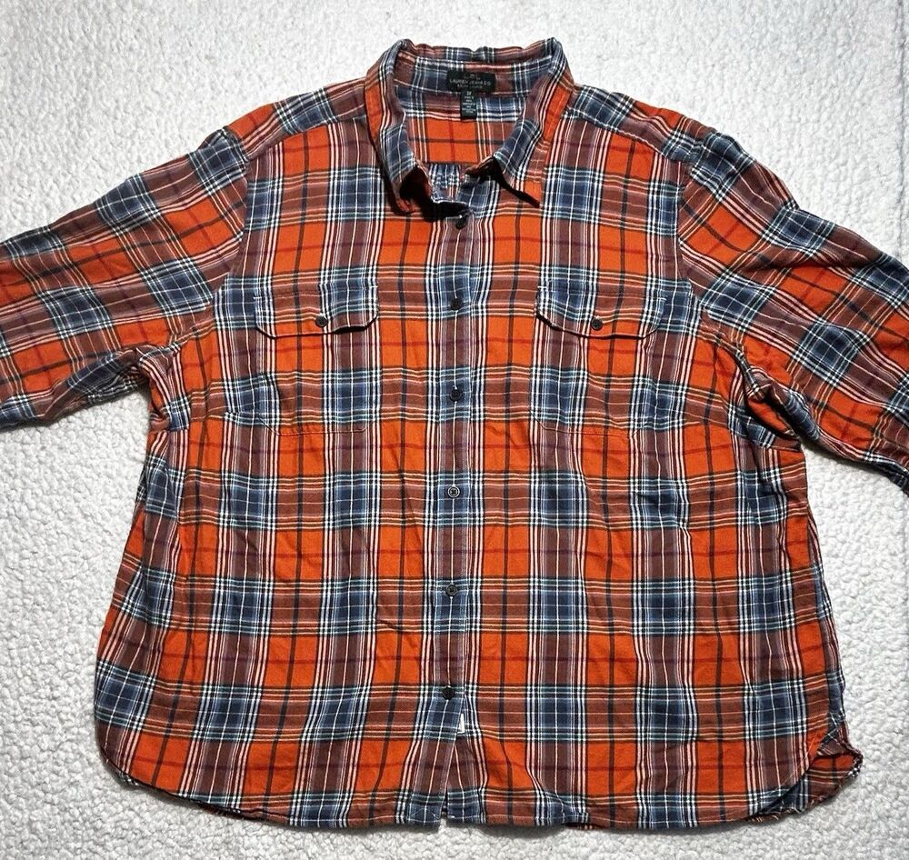 Lauren Ralph Lauren Shirt Womens 3X Orange Plaid Flannel Button Down Blouse LRL